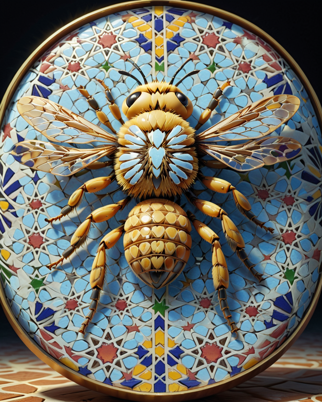 Bee, Cinematic still, masterwork Mokume-Gane, Portrait of a Gruesome "Not all who wander are lost.", Wide view, back-light, 35mm, Electic Colors, cinestill, <lora:Zellij:1> zlj-xl