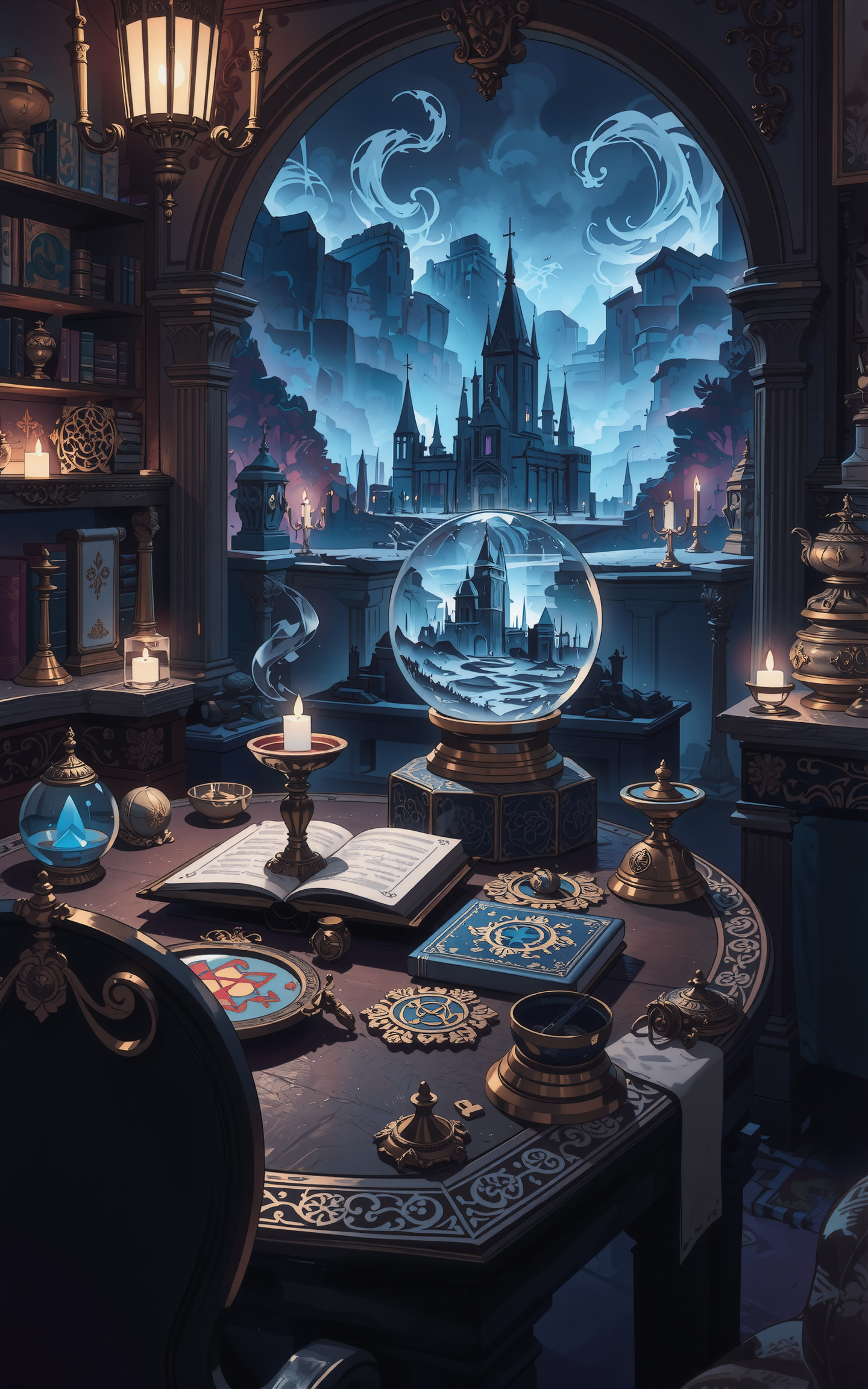 A magical table filled with mystical artifacts,at the center sits a glowing crystal ball. Inside the crystal ball,a dark,ominous ancient castle is vividly displayed,surrounded by swirling mist and faint glimmers of magical energy. The scene is rich in fantasy style,with intricate details,enchanted symbols carved on the table,and a dim,mysterious ambient light that enhances the magical atmosphere.,<lora:fca_style_3_4:1>,Flat colour anime style image showing,