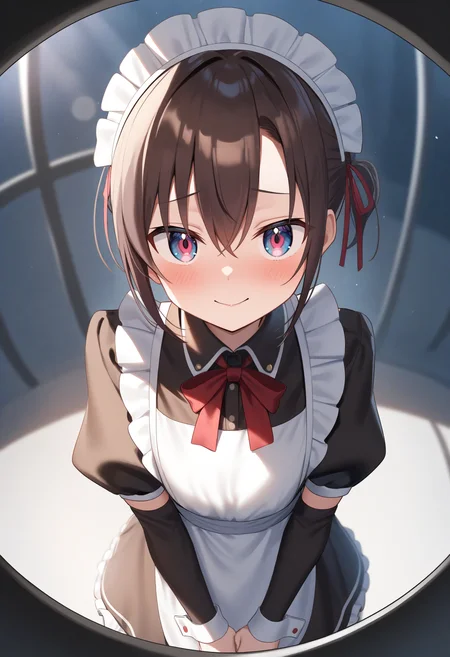 1girl,sincos, ningen mame, toosaka asagi,solo,medium breasts,20yo,maid,maid headdress,
peephole,fisheye lens,<lora:peephole_XL_v1:0.8>
from above, wide shot, looking back, red hair, golden eyes,sad smile, in front of station, closed mouth, tri tails hair,,
best quality, very aesthetic, absurdres