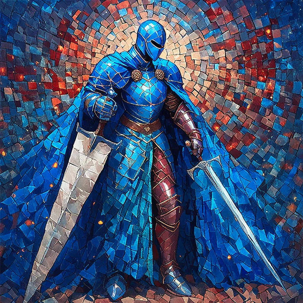 score_9, score_8_up, score_7_up ArsMJStyle, Mosaic, weapon, sword, armor, solo, cape, knight, full armor, 1boy, helmet, male focus, holding, holding sword, holding weapon, blue cape, gauntlets, greaves, ArsMJStyle, Mosaic art <lora:ArsMJStylePony_-_Mosaic:1>