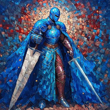 score_9, score_8_up, score_7_up ArsMJStyle, Mosaic, weapon, sword, armor, solo, cape, knight, full armor, 1boy, helmet, male focus, holding, holding sword, holding weapon, blue cape, gauntlets, greaves, ArsMJStyle, Mosaic art <lora:ArsMJStylePony_-_Mosaic:1>