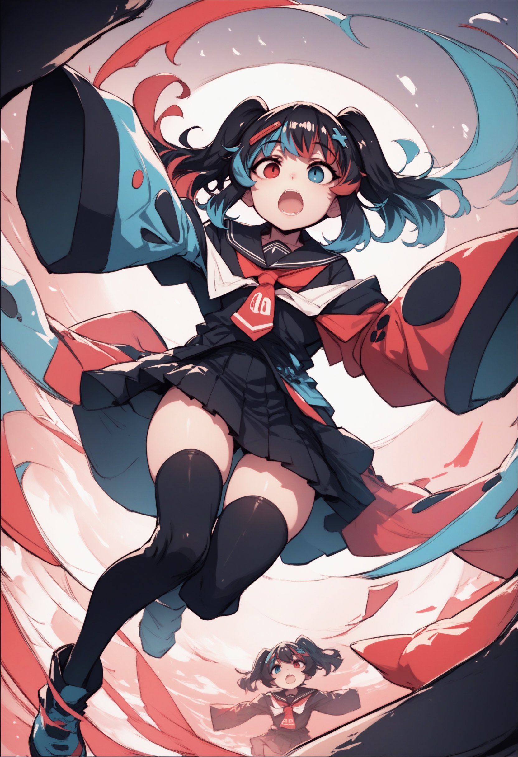score_9, score_8_up, score_7_up, source_anime, 1girl, Switchchan, heterochromia, sailor collar, sleeves past wrists, sleeves past fingers, school uniform, shirt, serafuku, black thighhighs, <lora:SwitchchanXLPD:1>, flying, in air, :d, open mouth,