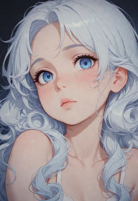 masterpiece, best quality, amazing quality, very aesthetic, flat colors, (artist:Tsuaii:1),
1girl, close up portrait, looking at viewer, shadow, light, extra long hair, white hair, blue hair tips, curly hair, blue eyes, round eyes, pale complexion, blush cheeks,