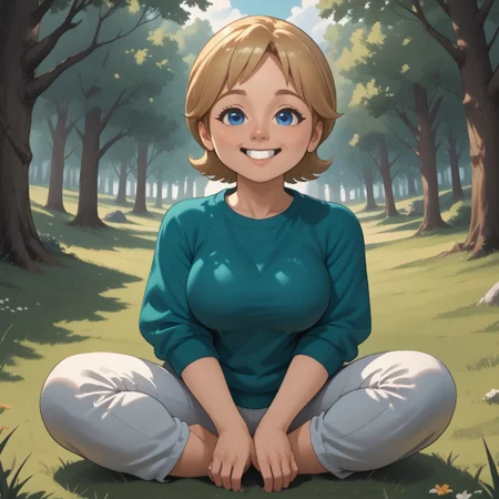 score_9, score_8, BREAK, solo, mii, wii, wii sports resort, 1girl, female mii, cute, blonde hair, black blue eyes, rare eyes, tree shaped nose, buck tooth, double chin, chubby, chubby female, dark green clothing, white pants, barefoot, Megan_(\Wii_Sports_Resort\), Nintendo Mii, modern_mii, classic_mii, big breasts, sexy pose, self portrait, smile, outdoors, sunlight, shadows, evening lighting, natural lighting, forest, trees, grass, orange sky, sunset, sitting, feet, soles