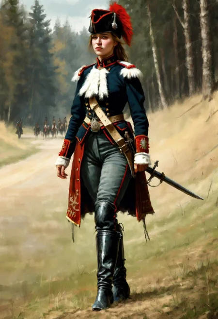 beautiful slim large-breast young female Hungarian hussar, long boots, digital painting in jrst artstyle