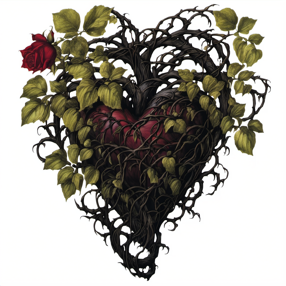 flowerart, white background,flower,rose,leaf,plant,red flower,red rose,wooden vines,thorns,human heart<lora:flower_art:1>