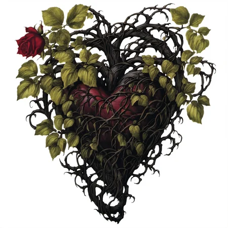 flowerart, white background,flower,rose,leaf,plant,red flower,red rose,wooden vines,thorns,human heart<lora:flower_art:1>