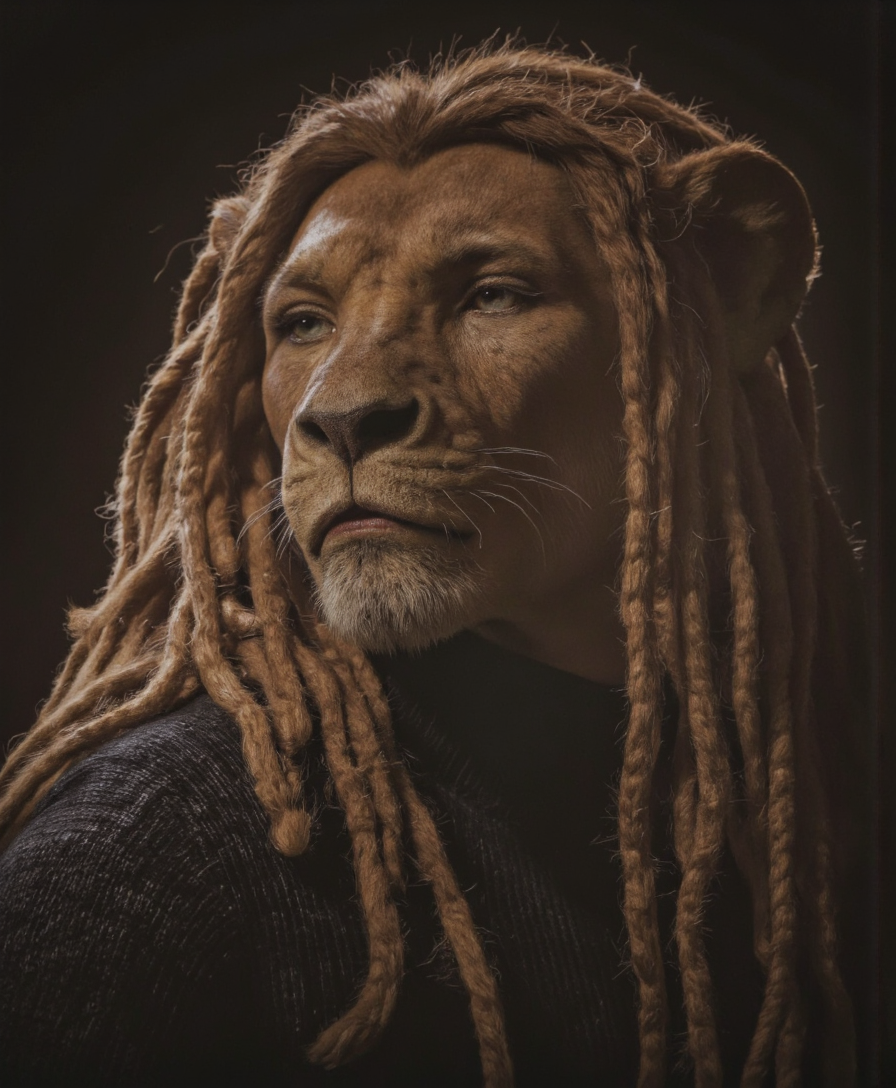 ZooPolis art.
This is a high-quality, professional photograph featuring an anthropomorphic lion in African style with a deep, dark complexion. He has long, voluminous dreadlocks that cascade down his shoulders, styled with a natural, rugged texture. His facial features are sharp and angular, accentuated by intense, expressive eyes that gaze thoughtfully into the distance. He wears a black, textured sweater that contrasts with his skin tone, adding a sense of depth and dimension to the image. The lighting is dramatic, casting soft shadows that highlight the contours of his face and the intricate details of his hair and clothing. The background is dark and blurred, creating a shallow depth of field that keeps the focus on the subject. The composition follows the rule of thirds, with the lion's face positioned off-center, drawing the viewer's eye naturally across the frame. The image is likely taken with a DSLR camera, possibly a Canon EOS 5D Mark IV, with settings around f/2.8 aperture, 1/125 sec shutter speed, and ISO 400. The overall aesthetic quality of the image is very high, with a powerful and emotive subject, and expert use of lighting and composition.