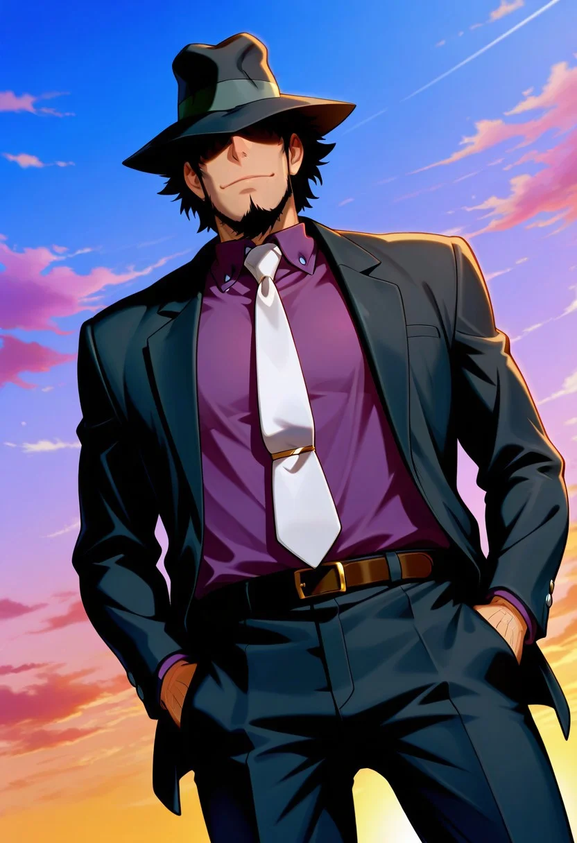 safe_pos, score_9, score_8_up, score_7_up, score_6_up, perfect anatomy, perfect proportions, best quality, masterpiece, high_resolution, high quality, best aesthetic, absurdres, highres, extremely detailed, huge filesize, solo male, adult, mature, masculine, manly, handsome, charming, alluring, standing, upper body, dutch angle, cowboy shot, perfect face, perfect eyes, source_anime, anime coloring, Daisuke Jigeni, LP3Jigen, black hair, sideburns, facial hair, chinstrap beard, jawline beard, ((eyeless, hidden eyes, eyes in shadow, eyes hidden by shadows)), fedora, LP3Jigen_outfit02, black suit, (purple shirt, purple collared shirt, white necktie, flat-end necktie, tie clip:1.5), black blazer, open blazer, black pants, outdoors, sky, low angle, from below