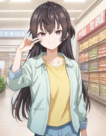 score_9, score_8_up, score_7_up, source_anime,
1girl, solo, looking at viewer, indoors, shopping mall, shops, blurry background, standing, light smile, two finger salute,
yuki suou, black hair, long hair, half updo, hair between eyes, purple eyes
date outfit, collarbone, green jacket, open clothes, yellow shirt, blue jeans,
<lora:yuki_suou_anime_v4-soralz:1>