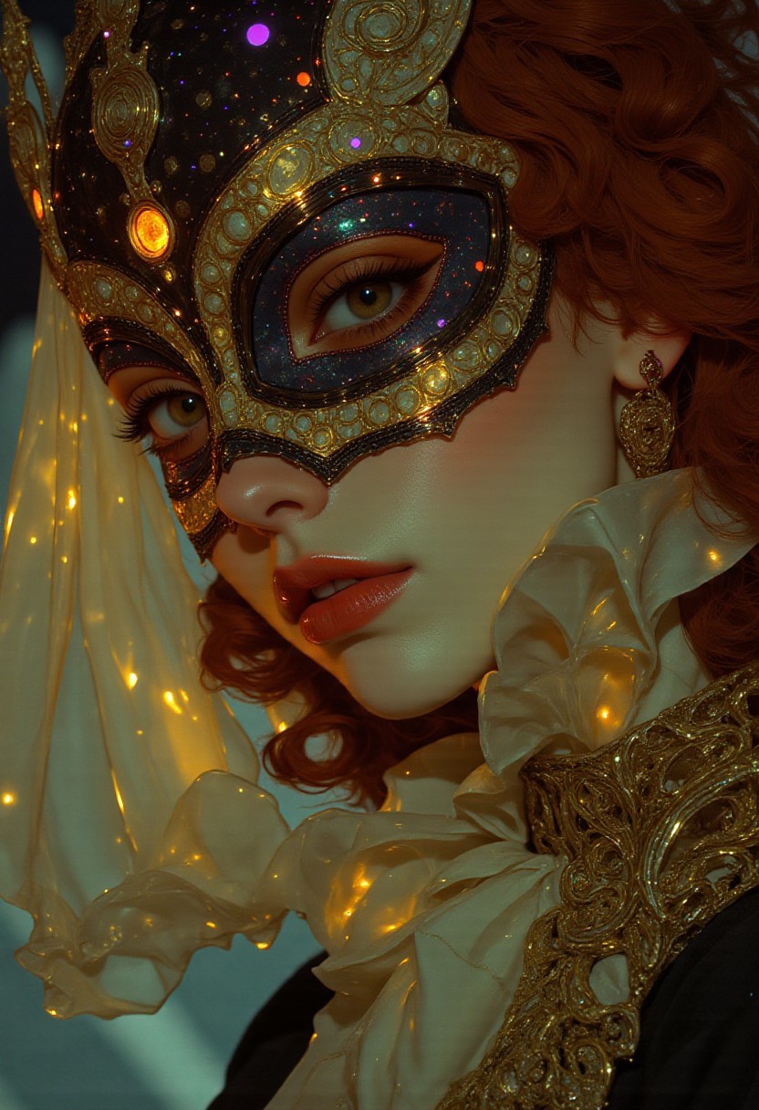 (Highly detailed, hyper-realistic, cinematic, dramatic style) photograph Eye-catching, hyper-realistic, high-quality, detailed image, beautiful woman, jester mask made of vibrant multicolored glowing neon dots (deep red, electric blue, bright yellow, vivid green, rich purple, radiant orange) that shimmer and pulse with light, complete face, flawless porcelain skin with a soft luminescent glow, striking red hair flowing elegantly, mesmerizing brown eyes with intricate swirling patterns that reflect a kaleidoscope of colors, golden patterned borders framing the mask, meticulously stitched mouth using delicate golden twine that glistens softly, wearing a flowing white robe that cascades around her, Canon EOS R5, close-up shot, surreal style, inspired by Salvador Dali and Annie Leibovitz, soft diffused lighting enhancing her ethereal beauty, bright white theme with high contrast, moderate saturation, cool hue that complements her features, subtle shadows adding depth to her face, defined highlights accentuating the contours of her skin, sparkling golden elements throughout, featuring a locket earring that gleams with a touch of mystery, cyberpunk anime ne0nfant4sy. Face lit by suns golden light at sunset