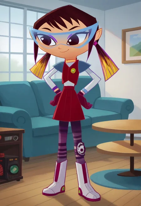 score_8, score_8_up, score_7_up, 1girl, female focus, solo, Sashy_Kobayashi, peach skin, dark brown eyes, dark brown hair, violet and yellow highlights hair, two ponytails, purple eyeshadow, maroon gloves, necklace, red-violet sleeveless vest, specs with light blue rims, long-sleeved sky blue shirt, red-violet miniskirt, styled socks, white boots with a purple line down the front, full body, indoors, sofa, living room, coffee table, lamp, window, smile, hands on hips