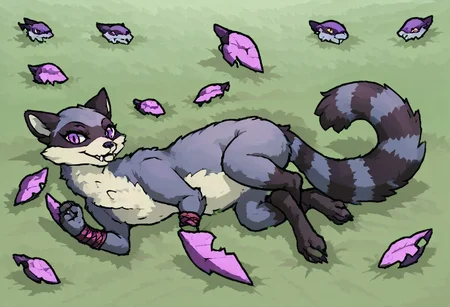maypul, dark purple fur color, raccoon, female, solo, 1girl, evil, pink/purple demon eyes, abyss, shadow figure, evil, feral, looking at viewer, laying down, calm, fangs, cute, werewolf form, pet