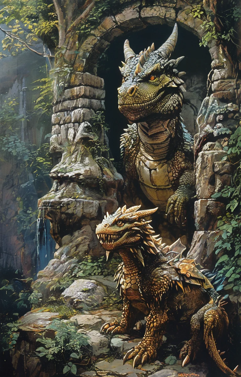 masterpiece,best quality,<lora:tbh182-sdxl:0.9>,style of Clyde Caldwell,Dungeon and Dragon,Brave,Sword,Shield,Dragon,adnd,