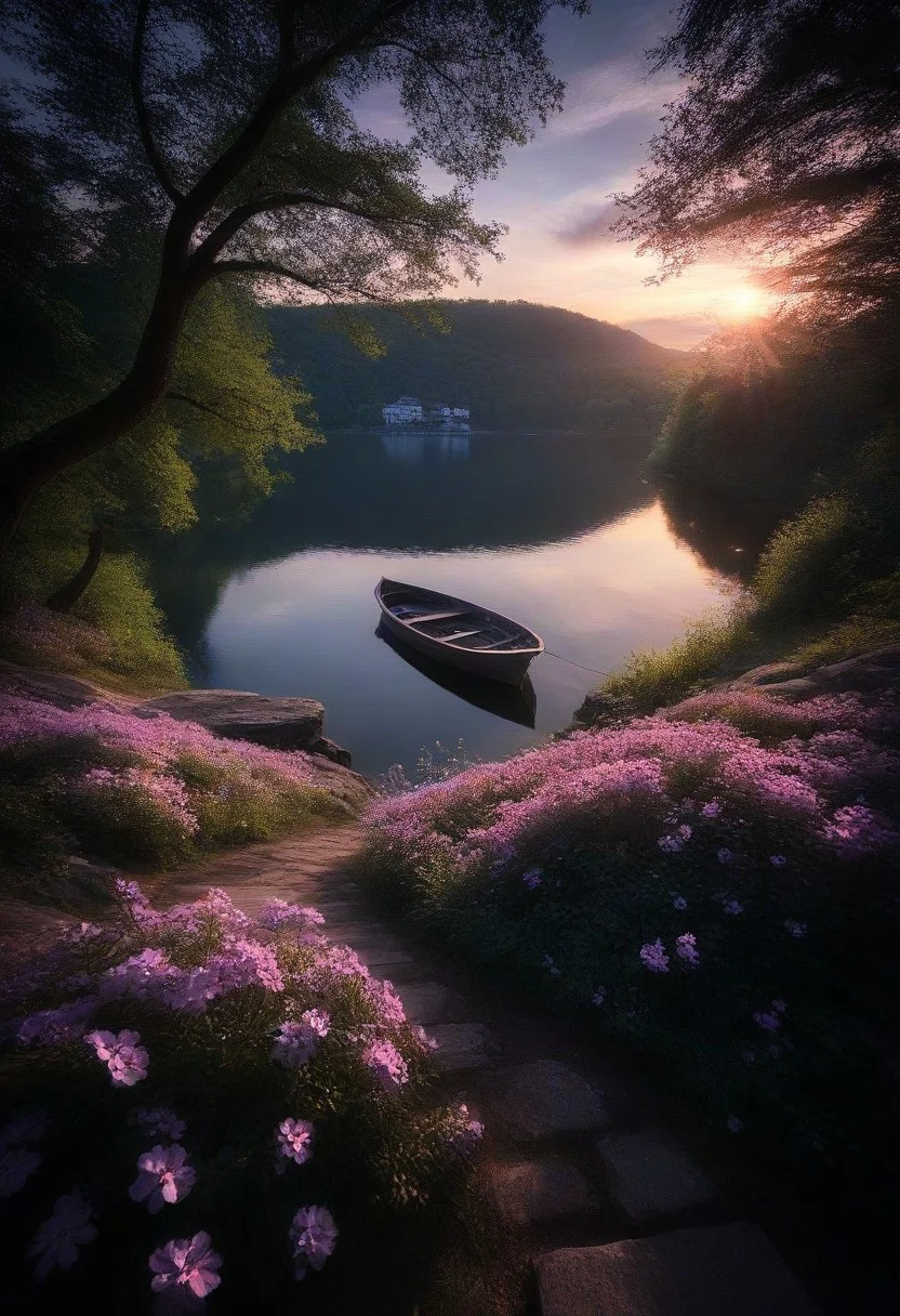 masterpiece, best quality, ultra-detailed, high details, very aesthetic, dramatic lighting, surrealism, extremely high-resolution details, detailed background, beautiful background, best quality, whimsical, intricate detailed, hyperdetailed, maximalist style, concept art, professional photography, intricately detailed, beautiful composition, trending on artstation, award winning photograph, blue theme, (darkness:0.8), soft focus, high view, 
spring night, amongst lush greenery, beautiful view, creeping phlox in full bloom, creeping phlox, early morning, sunrise sky, beautiful clouds, dappled sunlight, outdoor seating, Tranquil Lake, Boat on a Lake, depth of field, ethereal and void atmosphere is conveyed,, absurd comedy style, splash art, awesome background, 
 midjourneyv6.1, liiv1, linquivera, aidmaImageUpgrader, dark, chiaroscuro, low-key,