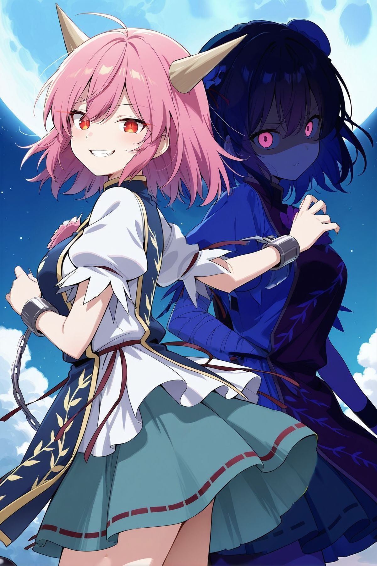 2girls, night, from the side, back to back, shaded, moon, dutch angle, evil smile, BREAK
absurdres, highres, masterpiece, best quality, amazing quality, official anime artwork, screencap, anime screencap, BREAK
<lora:Ibaraki-Doujis-Arm_Illustrious:0.7> ibaraki douji's arm, 1girl, solo, pink eyes, pink hair, medium hair, horns, medium breasts,, blue tabard, white shirt, puffy short sleeves, aqua skirt, ribbon-trimmed skirt, blue pantyhose, cuffs, ball and chain restraint, long fingernails, sharp fingernails, evil smile, teeth, looking at viewer,  BREAK
ibaraki kasen, 1girl, solo, pink hair, pink eyes, bun covers, bun cover, double bun, breasts,, red tabard, puffy sleeves, short sleeves, bandages, skirt, in shadow, shaded face, shaded body, from behind,