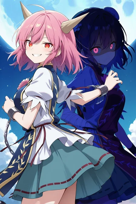 2girls, night, from the side, back to back, shaded, moon, dutch angle, evil smile, BREAK
absurdres, highres, masterpiece, best quality, amazing quality, official anime artwork, screencap, anime screencap, BREAK
<lora:Ibaraki-Doujis-Arm_Illustrious:0.7> ibaraki douji's arm, 1girl, solo, pink eyes, pink hair, medium hair, horns, medium breasts,, blue tabard, white shirt, puffy short sleeves, aqua skirt, ribbon-trimmed skirt, blue pantyhose, cuffs, ball and chain restraint, long fingernails, sharp fingernails, evil smile, teeth, looking at viewer, BREAK
ibaraki kasen, 1girl, solo, pink hair, pink eyes, bun covers, bun cover, double bun, breasts,, red tabard, puffy sleeves, short sleeves, bandages, skirt, in shadow, shaded face, shaded body, from behind,