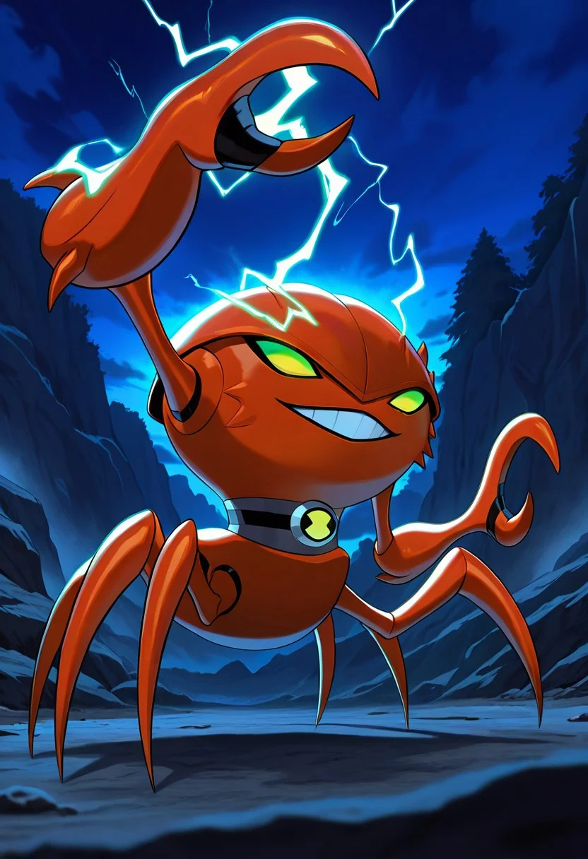 masterpiece, best quality, amazing quality, very aesthetic, absurdres, newest,
brainstorm, solo, teeth, no humans, pokemon (creature), green eyes, clenched teeth, crab, crab claws, , , collar, smile, full body, spider legs, lobster claws,
shooting electricity from claws, pointing arm, dynamic pose, outdoors, night time, glowing electricity,