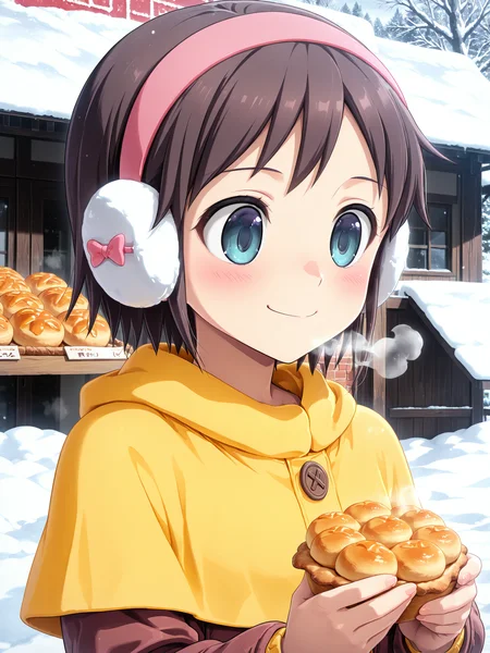 <lora:spo_sdxl_10ep_4k-data_lora_webui:0.5> <lora:cfg_scale_boost:0.9> <lora:YukaXL:1> Yuka_CoPa, 1girl, short hair, pink hairband, upper body, blush, holding food, pastry, 
brown hair, solo, outdoors, red winter clothes, yellow capelet, earmuffs, breath, snow, blue eyes, bakery, smile, anime screenshot, anime coloring, [[green eyes]], 
absurdres, best quality, masterpiece, high quality, detailed