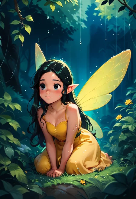 score_9, score_8_up, score_7_up, score_6_up, score_5_up, score_4_up masterpiece, high quality, a girl hiding from the rain in a magical forest, cute, black long hair, yellow dress,Fairy Wings , j_huiben, source_cartoon
