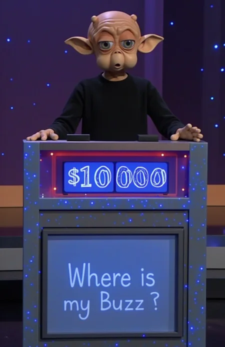 scene from the game show Jeopardy!, contestant mac the alien standing behind a Jeopardy! podium, The podium displays his score of $10,000 and the answer "Where is my Buzz?" written by hand on the blue screen, background shows the set of the game show jeopardy! , he is wearing a black pullover