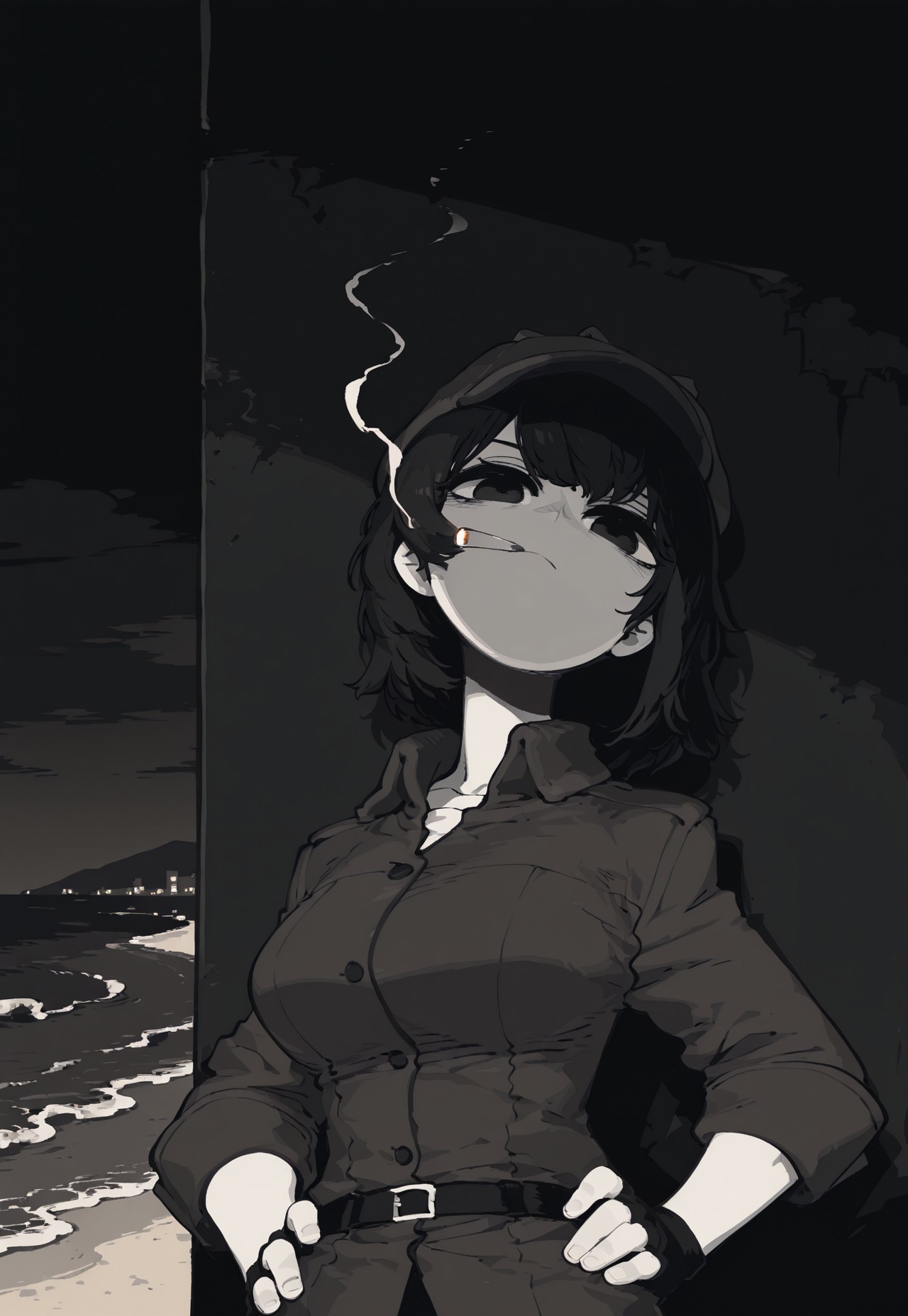 masterpiece, best quality, amazing quality, very aesthetic, absurdres, newest, ssambstyle, k4_illu, 
BREAK,
1girl, solo, black and white, monochrome, gradient black hair, short hair, side cut, detective hat, trench-coat, looking at viewer, head back, cigarette, smoke trail, noir scene, noir theme, fingerless gloves, upper body, leaning against wall, beach, medium breasts, hands hips, face focus,
BREAK, mysterious atmosphere, night, dramatic lighting, outdoors, city, detailed background, deep contrast, limited color palette, high contrast black, dramatic composition, 