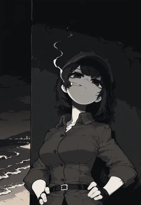 masterpiece, best quality, amazing quality, very aesthetic, absurdres, newest, ssambstyle, k4_illu,
BREAK,
1girl, solo, black and white, monochrome, gradient black hair, short hair, side cut, detective hat, trench-coat, looking at viewer, head back, cigarette, smoke trail, noir scene, noir theme, fingerless gloves, upper body, leaning against wall, beach, medium breasts, hands hips, face focus,
BREAK, mysterious atmosphere, night, dramatic lighting, outdoors, city, detailed background, deep contrast, limited color palette, high contrast black, dramatic composition,