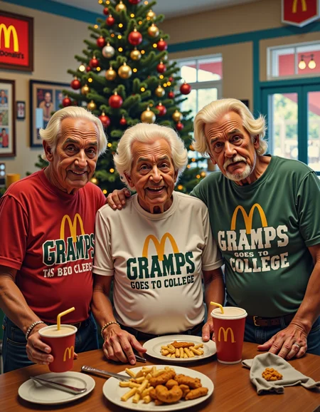 A beautiful card with old men at Christmas McDonald's wearing "Gramps Goes To College" t-shirts