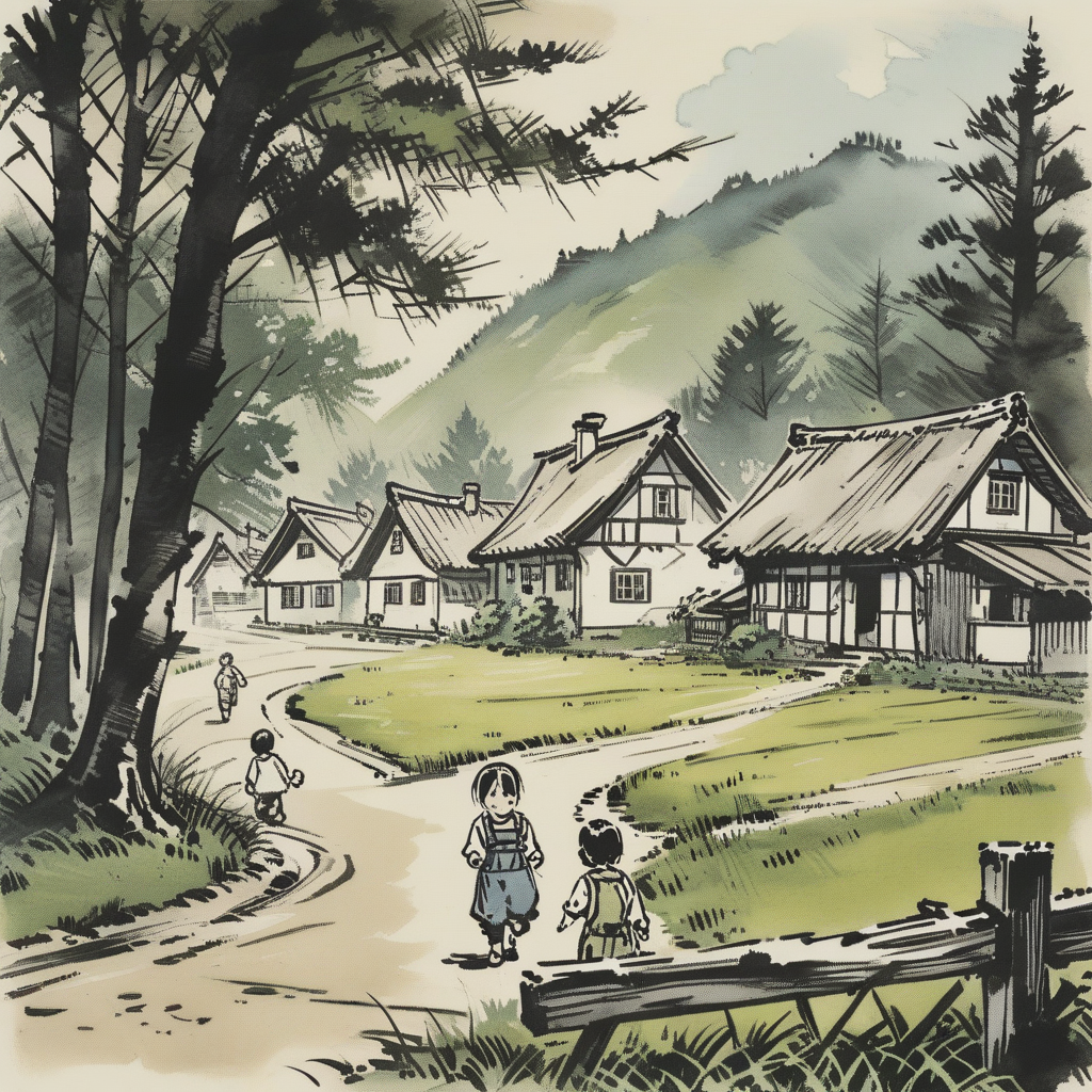 <lora:ink-style_A3.1_XL:0.8>,(ink-style,ink_wash_painting), (masterpiece),(best quality), children-drawing, charming country house, blue siding, situated, side, road, surrounded, lush green grass, trees, background, creating, idyllic countryside setting, small fence, seen near, rustic charm, main house, two smaller houses visible, further down, road, one closer, left edge, scene, another towards, right, homes contribute, overall picturesque landscape, rural area