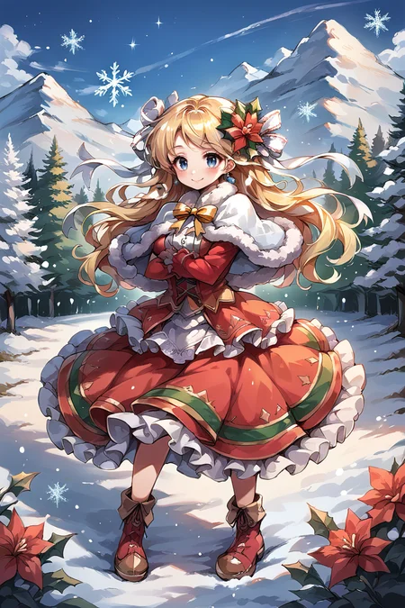 (score_9, score_8_up, score_7_up), source anime, <lora:backgroundsetXL:0.2> , background, scenery, nature, winter, snow, snowflakes, sparkles, glitter, fairies, outdoors, trees, mountain, BREAK
<lora:Priscilla:0.7> , prdef, 1girl, blonde hair, blue eyes, long hair, flower, hair ornament, hair ribbon, white hair ribbon, neck ribbon, yellow neck ribbon, hair flower, earrings, capelet, fur-trimmed capelet, dress, red dress, layered dress, frilled dress, red sleeves, white shirt, frills, ruffles, lace, boots, full body, smile, christmas (theme), perfect hands, crossed arms, looking at viewer, <lora:3th3r34lXLP:0.6> , 3th3r34l,