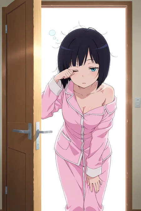 from forward,1girl,girl opening door,doorway,open door,pajamas,messy,disheveled,off shoulder,
1girl,looking at viewer,sleepy,opening door,standing,rubbing eyes,
Best quality,masterpiece,soft light,official art,masterpiece,high quality,highres,absurdres,best quality,epic scene,<lora:Yuka Kon IL:1>,yuka kon,black hair,short hair,bob cut,blue eyes,
