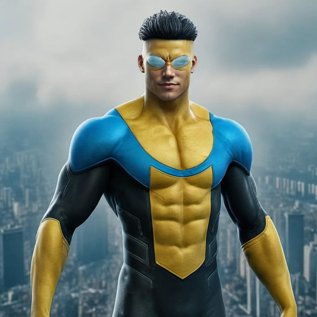 a muscular man, wears a yellow and blue costume, full body, flying over a city, detailed face, highly detailed, photography, ultra sharp, film, bokeh, professional, 4k <lora:Invincible_V2_-_SDXL:0.8>