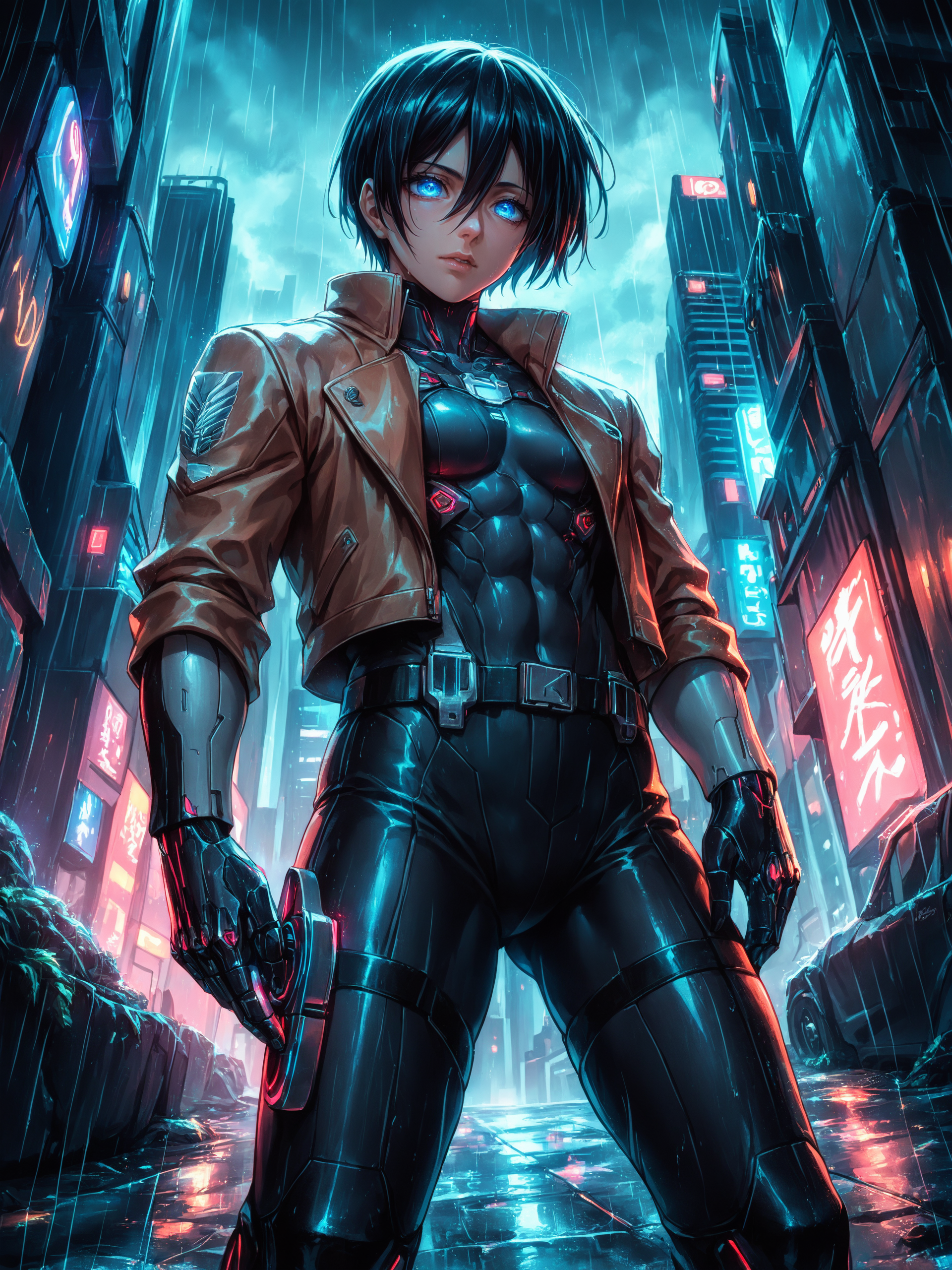 <lora:cfg_scale_boost:0.4>  source_anime,  dutch angle, cowboy shot, score_9, score_8_up, futuristic, cyberpunk, neon lights, Mikasa Ackerman, katana in hand, black bodysuit, cybernetic enhancements, blue glowing eyes, standing on a rainy rooftop, cityscape background, dark and moody, glowing circuits on skin