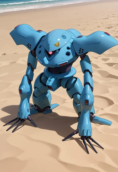 score_9, score_8_up, score_7_up, source_anime, cowboy shot, side view, BREAK, ( hygogg, blue_hygogg_armor, pink moneye, looking down, hands on ground,) 1mech, mech focus, solo, BREAK, beach, sand,