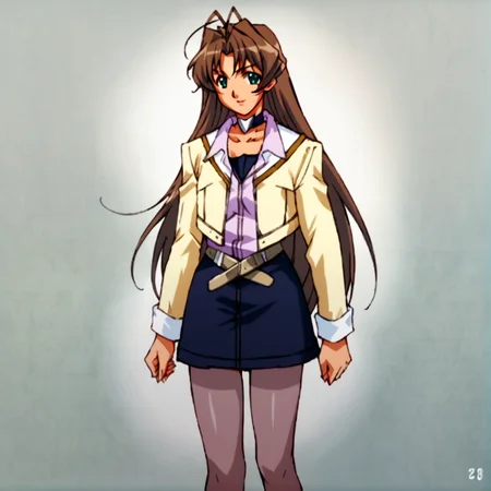 score_9, score_8_up, score_7_up, score_6_up, score_5_up, score_4_up, BREAK, <lora:Hibiki_amawa:1>, hibiki amawa, 1girl, solo, long hair, skirt, brown hair, long sleeves, jewelry, green eyes, jacket, pantyhose, choker, belt, antenna hair, pencil skirt
