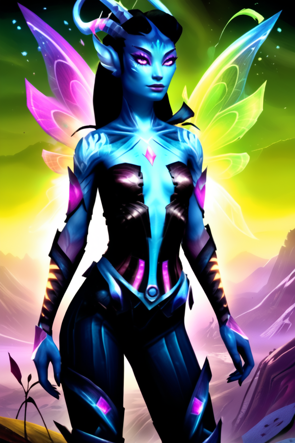 Sylvari,stunning,potrait,woman,bright colors, high contrast,small chest,eyes detailed,<lora:sylvari-lora:1>,