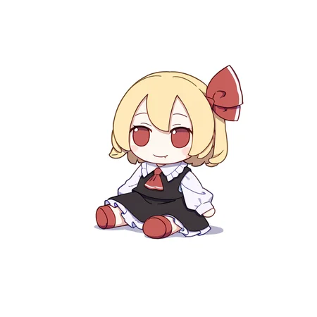 chibi,fumo,1girl,solo,smile,short hair,skirt,blonde hair,simple background,shirt,red eyes,long sleeves,white background,dress,ribbon,sitting,closed mouth,hair ribbon,white shirt,frills,fang,collared shirt,black skirt,vest,black dress,red ribbon,ascot,red footwear,black vest,fang out,red ascot,rumia,
<lora:fumo_noob1:1>,