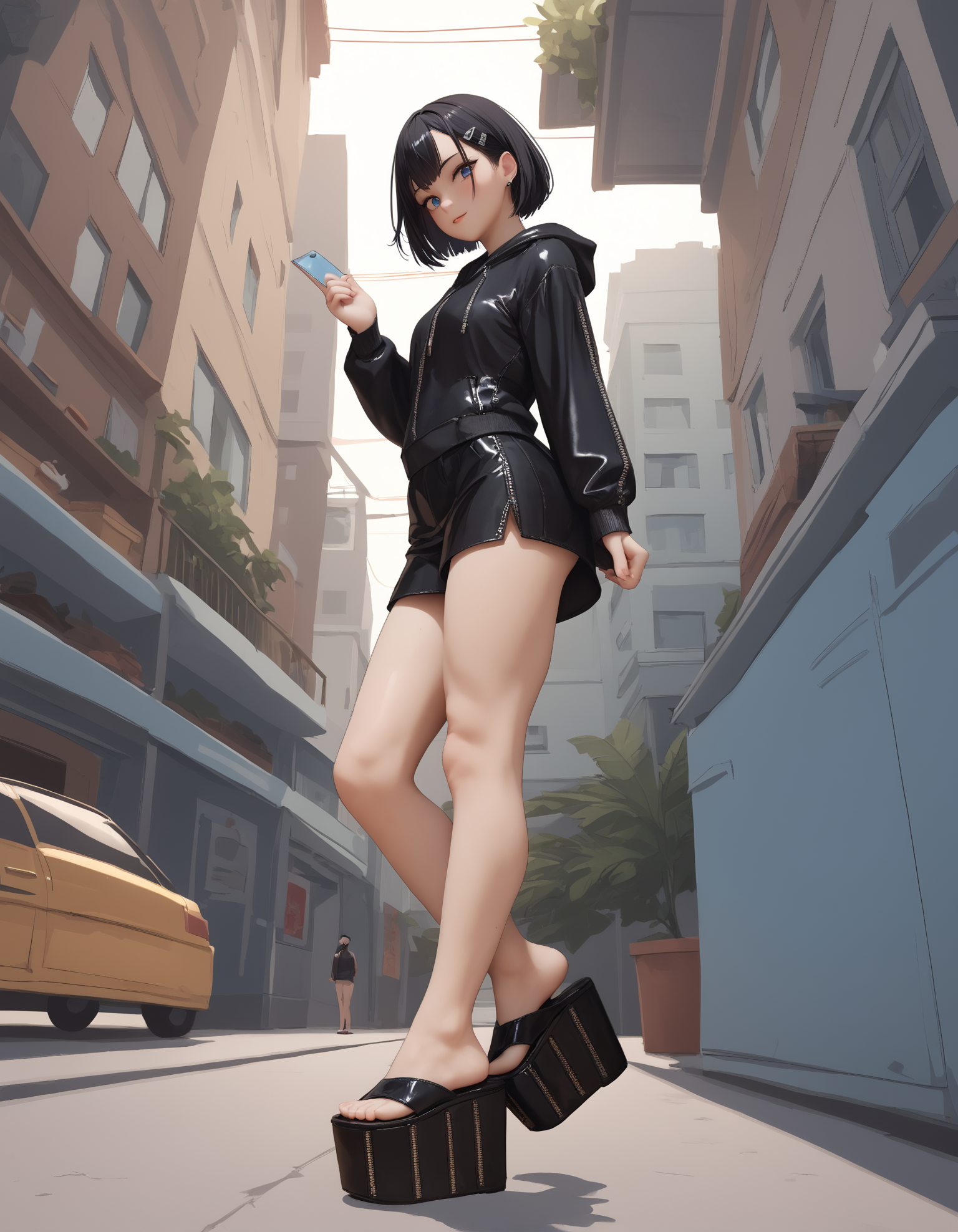 score_9, score_8_up, score_7_up, score_6_up, score_5_up, score_4_up, 
1girl, 
standing, looking at viewer, low angle,, (from side:0.8),
goth,
short hair,
(z1p1t platform flip flops), 
low angle, 
black hair,
looking at viewer,
embedding:zPDXL2 ,