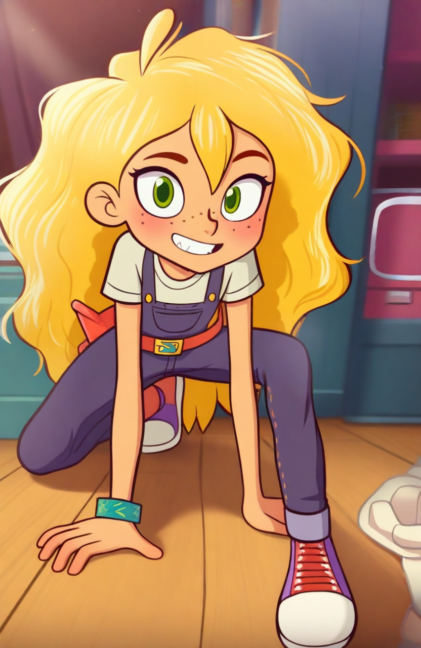 IllusP0s,goldieblox, 1girl, long hair, blonde hair, freckles, green eyes, overalls, looking at viewer, blush, shoes, smile, teeth, belt <lora:goldieblox_IL-000008:1>