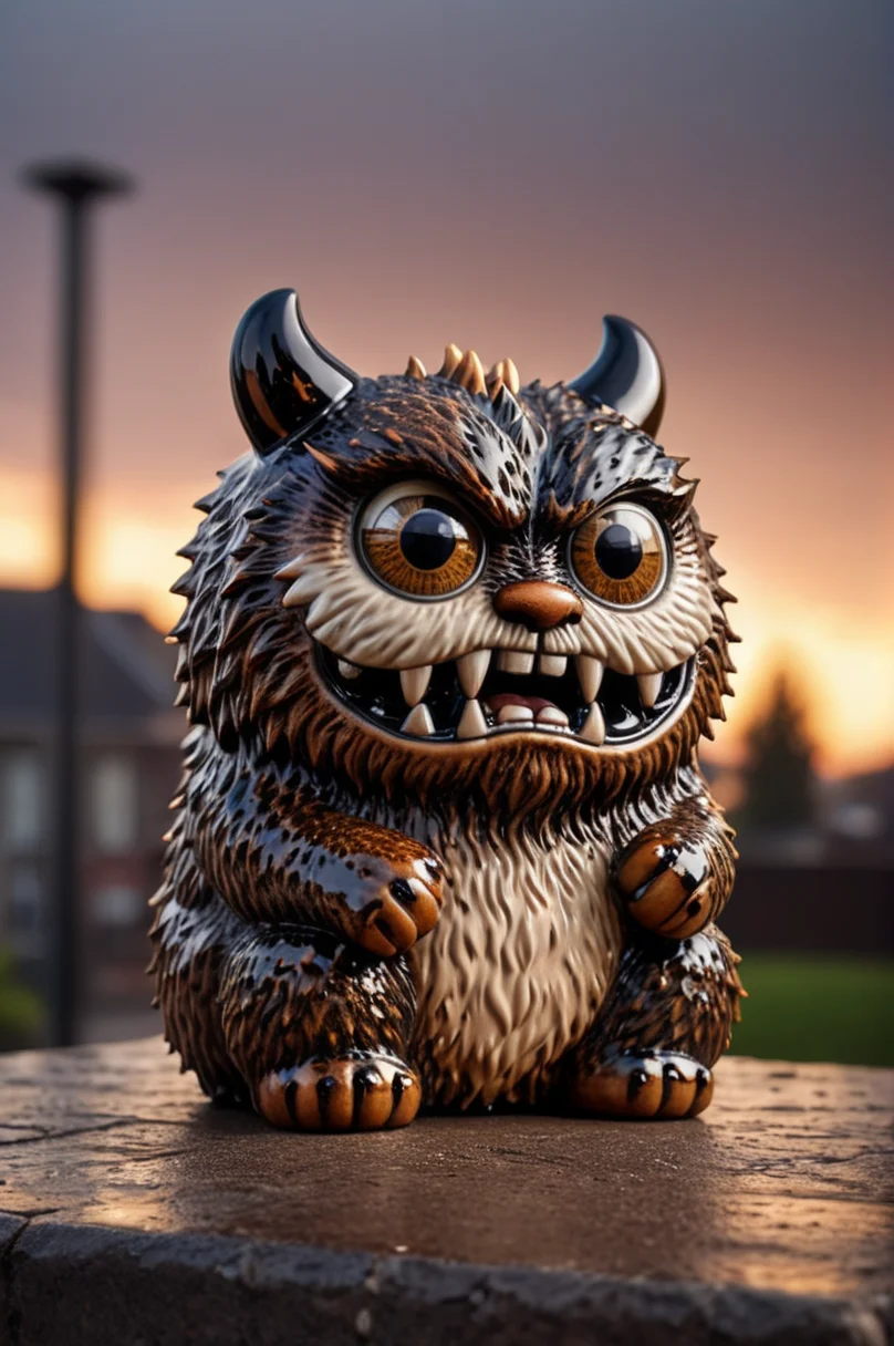 big furry monster as Ceramic figurine, fur cube, fluffy, shot at sunset, scary monster, angry eyes, happy and and curious appearance, very cute, heavy rain, very happy, lonely, lost place, desaturated, dramatic lighting, disgusting background, bokeh, dark theme, soothing tones, depth of field, dramatic backlighting, film grain  <lora:CeramicXL_LoRA:1>