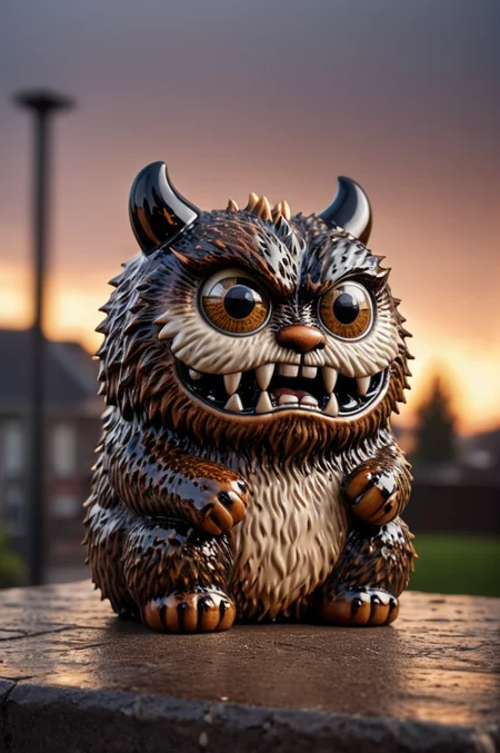 big furry monster as Ceramic figurine, fur cube, fluffy, shot at sunset, scary monster, angry eyes, happy and and curious appearance, very cute, heavy rain, very happy, lonely, lost place, desaturated, dramatic lighting, disgusting background, bokeh, dark theme, soothing tones, depth of field, dramatic backlighting, film grain  <lora:CeramicXL_LoRA:1>