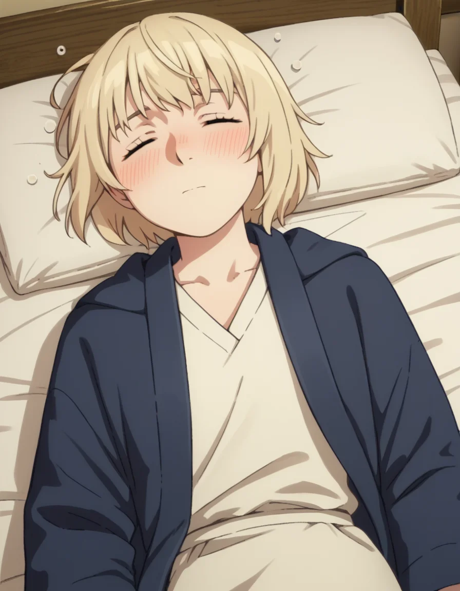 score_9, score_8_up, score_7_up, source_anime,
falintouden, <lora:falin-touden-s1-ponyxl-lora-nochekaiser:1>,
falin touden, short hair, blonde hair, closed eyes,
robe, long sleeves, open clothes,
indoors, bed, bed room, on side, blush, drunk,
looking at viewer, solo, cowboy shot, dutch angle,
