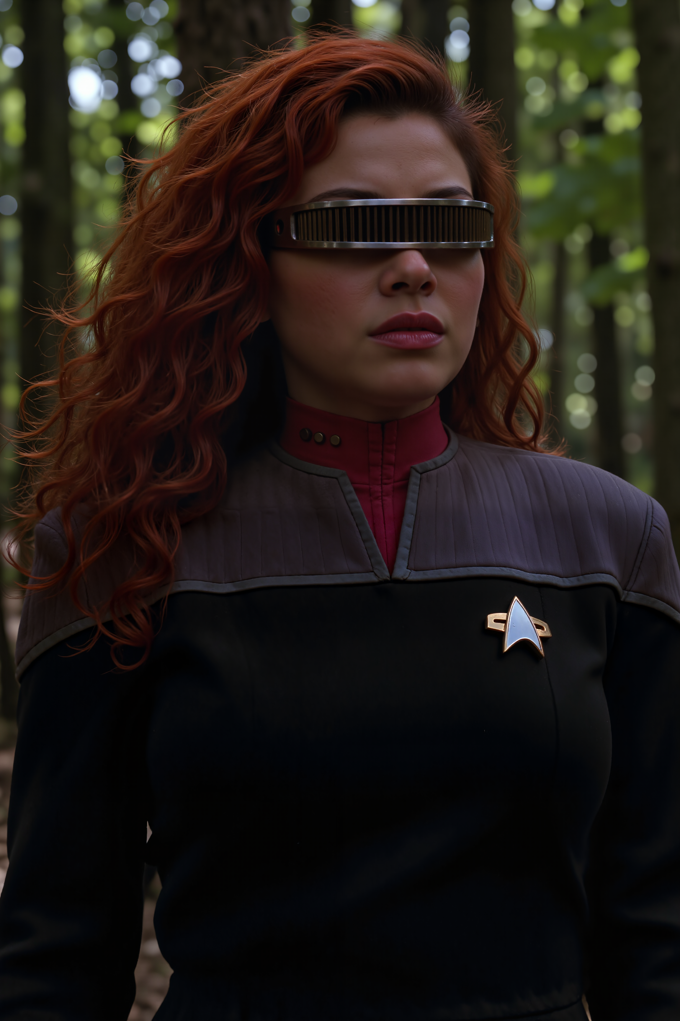 latino woman with red curly hair wearing grdvsr visor and a DS9 uniform with red collar standing in a forest. , detailed background  Fantastic lighting. Detailed shadows.intricate details, vivid colors, hyper-detailed, ultra-sharp, , <lora:GRD_VISOR_FLUX><lora:FluxMythR3alisticF:0.4><lora:midjourney_whisper_flux_lora_v01:0.4><lora:aidmaMJ6.1-FLUX-V0.1:0.4><lora:Movie_Portrait:0.4><lora:Flux DetailerV2:0.4><lora:DS9_FLUX>