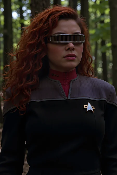 latino woman with red curly hair wearing grdvsr visor and a DS9 uniform with red collar standing in a forest. , detailed background Fantastic lighting. Detailed shadows.intricate details, vivid colors, hyper-detailed, ultra-sharp, , <lora:GRD_VISOR_FLUX><lora:FluxMythR3alisticF:0.4><lora:midjourney_whisper_flux_lora_v01:0.4><lora:aidmaMJ6.1-FLUX-V0.1:0.4><lora:Movie_Portrait:0.4><lora:Flux DetailerV2:0.4><lora:DS9_FLUX>