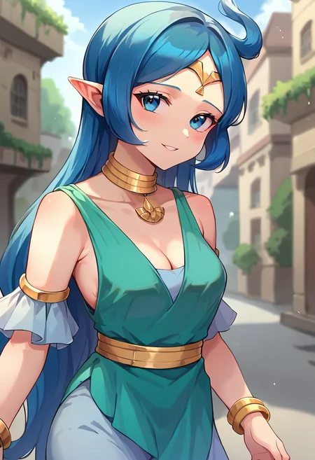 score_9, score_8_up, score_7_up, masterpiece, source_anime, 1girl, ct_nayru, long hair, blue hair, ahoge, blue eyes, gold circlet, choker, gold necklace, dress, gold bracelet, armlet, looking at viewer, outdoors, depth of field, city, cowboy shot, cleavage, medium breasts,<lora:Nayru_Pony_ct:1>