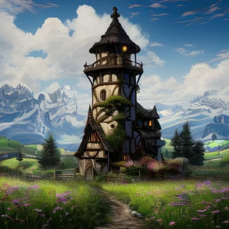 realistic analog photo, award winning photo, 
FanLan, background, mountains, apple trees, foreground, field, house, fence, farm, farmland, witow, a tall high fantasy wizard tower, blue sky
wide shot, high-quality, crisp, sharp, professional-grade, high-resolution, fine detail, accurate colors, low noise, fast shutter speed, wide dynamic range, precise focus, RAW, highres, 8k, uhd, High Dynamic Range, tonemapping, crisp details,