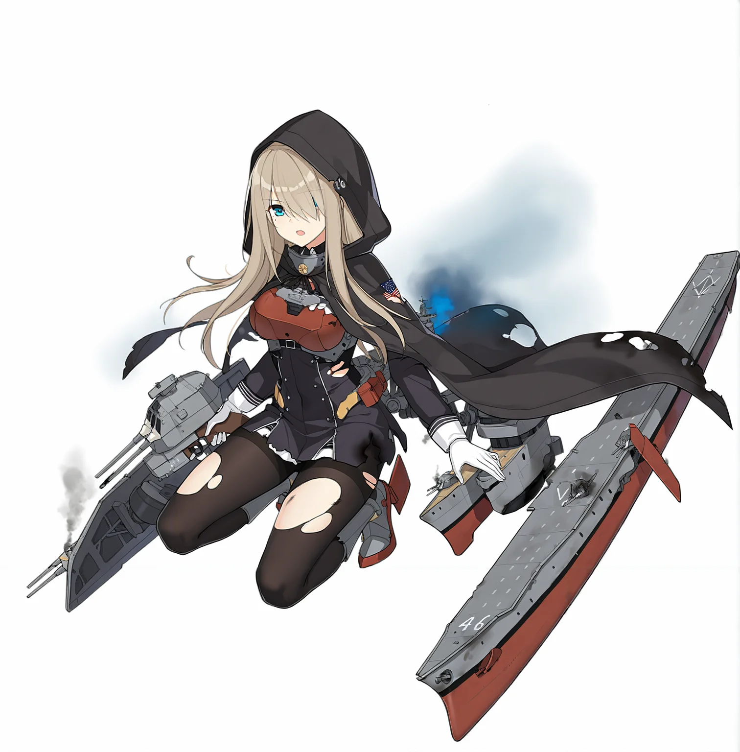 lexington (cv-16) (broken) (warship girls r),adapted turret,1girl,tbf avenger,flight deck,solo,hair over one eye,rudder footwear,torn pantyhose,smoke,full body,black pantyhose,long hair,hood up,damaged,open mouth,hooded cape,black dress,black cape,long sleeves,squatting,blonde hair,simple background,short dress,looking at viewer,airplane,rigging,machinery,large breasts,character:lexington (cv-16) (warship girls r),armored boots,red chest guard,chest guard,blue smoke,black smoke,holding gun,propeller,white background,bolt (hardware),white gloves,blue eyes,belt pouch,framed breasts,tachi-e,torn dress,torn cape,<lora:lexington (cv-16) (warship girls r)v1.1-000006:1>,