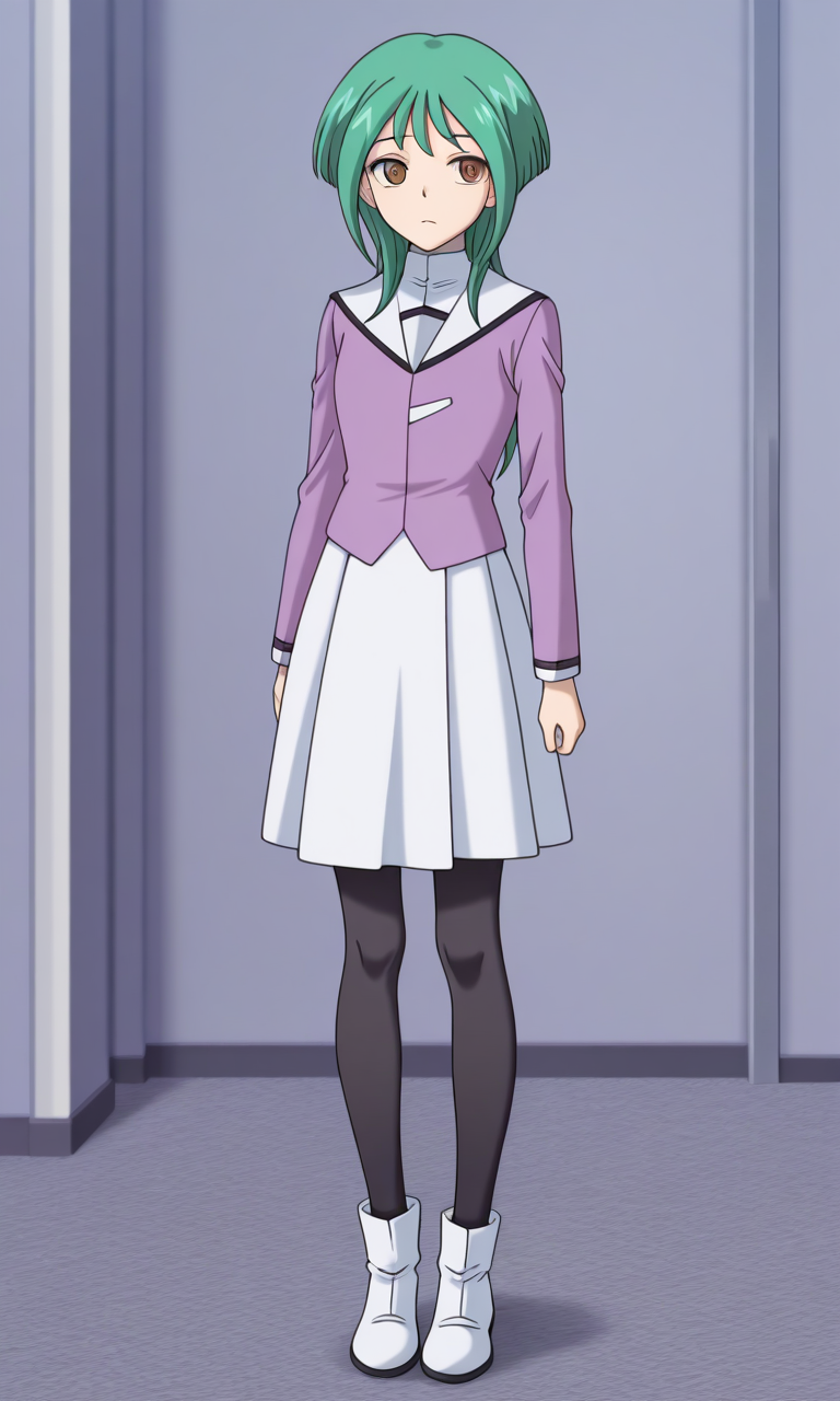 1girl, solo,tokoha_vgg, green hair, brown eyes,purple school uniform, white pleated skirt, black pantyhose, white footwear, full body ,masterpiece,best quality,amazing quality,very aesthetic,absurdres,newest,