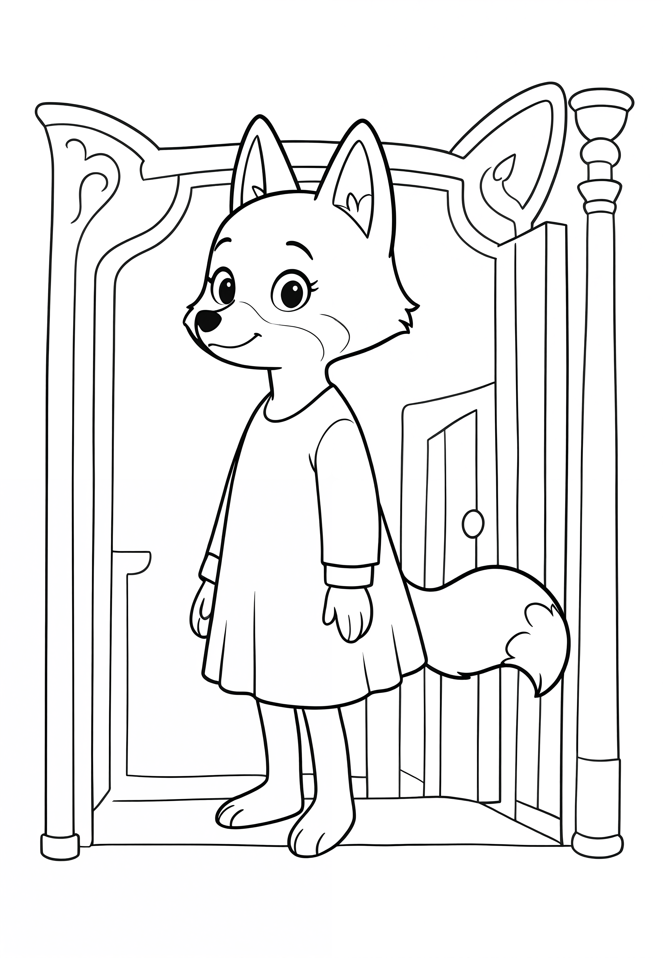 fox c0l09ing in coloring book style, black and white line art, thick clean outlines, no shading, simple cartoon design for kids