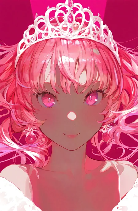1girl, solo, long_hair, looking_at_viewer, smile, closed_mouth, bare_shoulders, collarbone, pink_hair, pink_eyes, portrait, crown, tiara, pink_theme